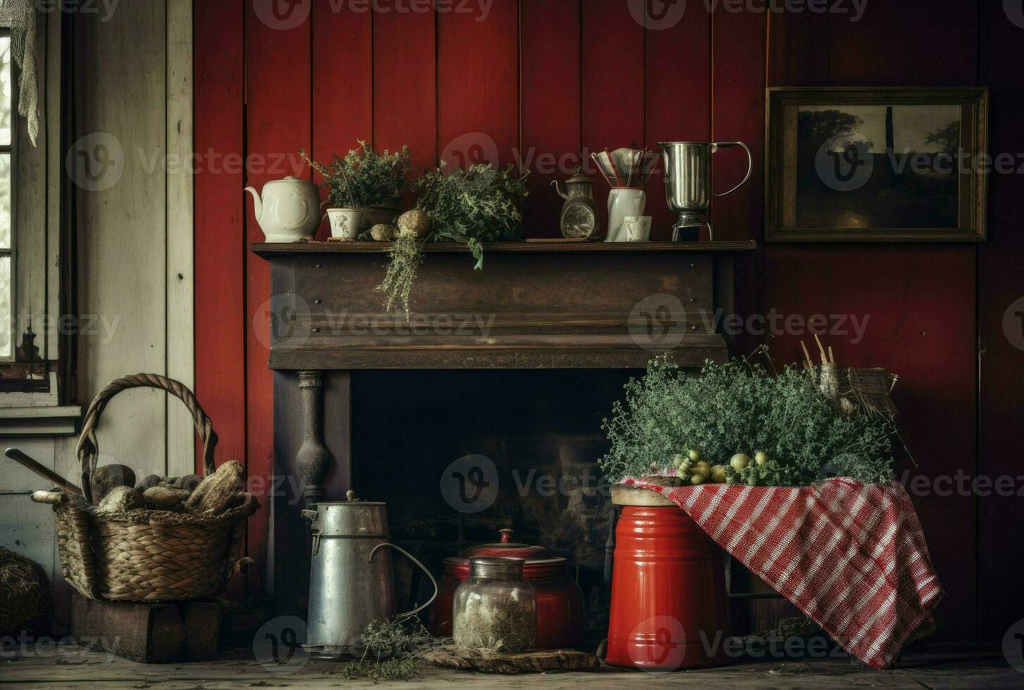 rosso di legno il camino, retrò e rustico stile, generativo ai foto