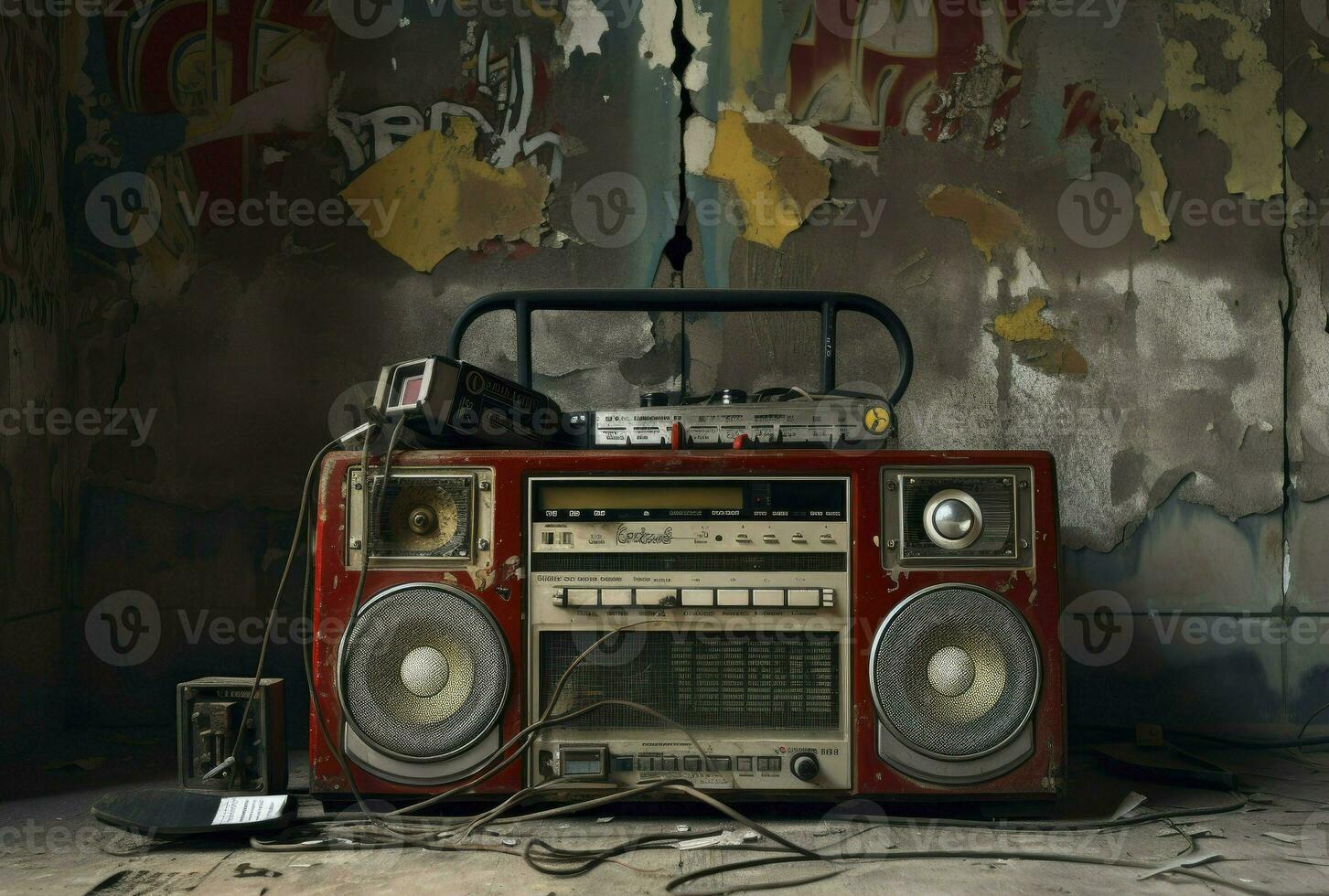 Boombox vettore illustrazione con murale sfondo. anni 80 tecnologia. anni 90 musica giocatore. retrò stile anni 90 Boombox illustrazione, generativo ai foto