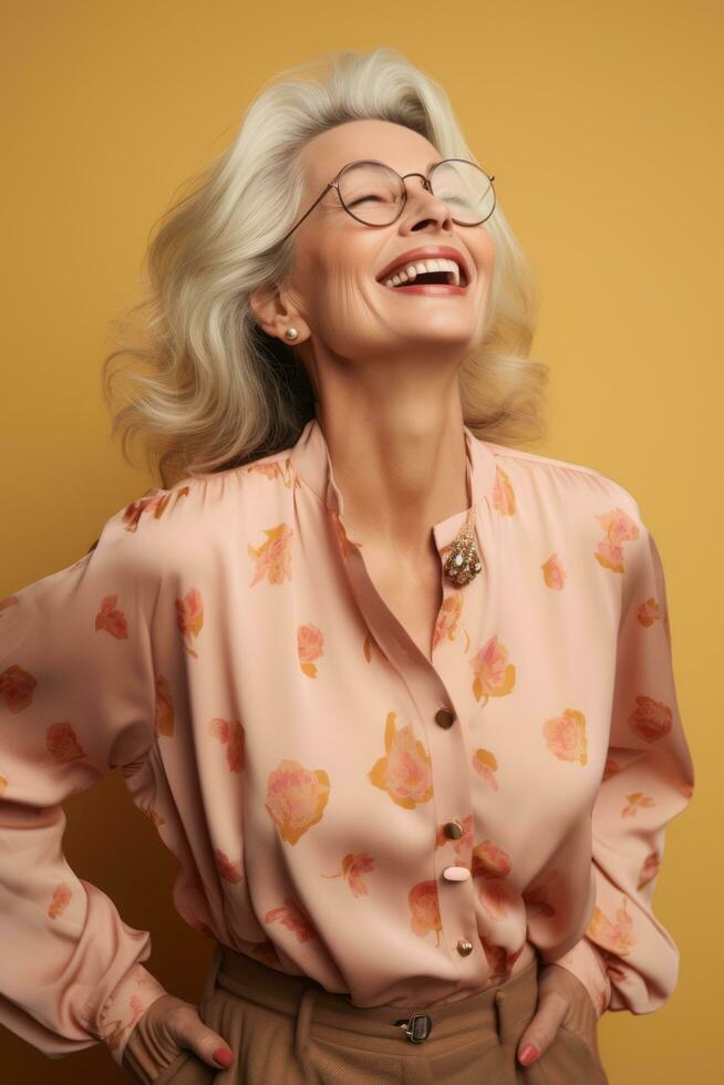 studio tiro di di mezza età donna dinamico emotivo gesti ai generativo foto