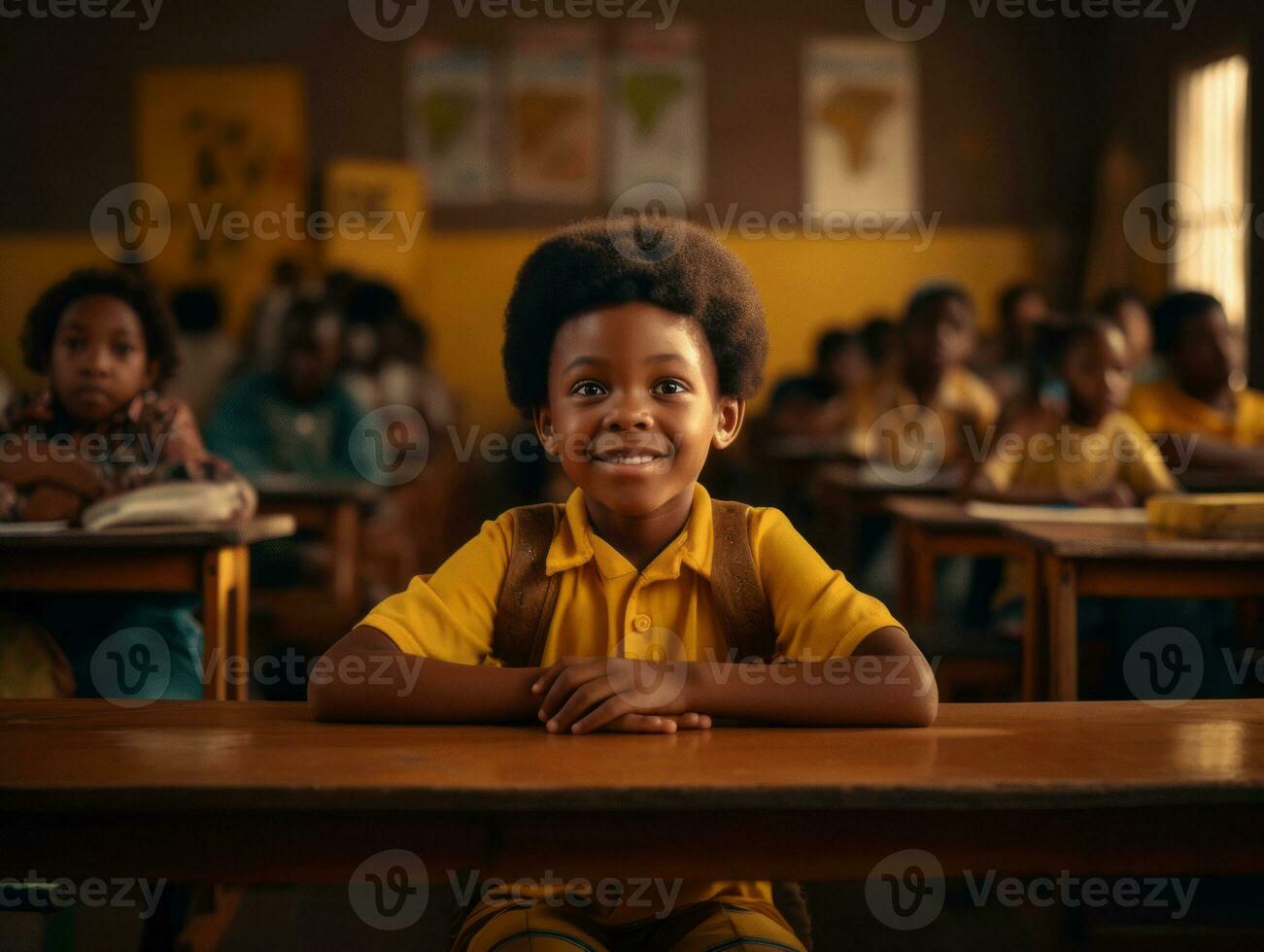 africano ragazzo nel emotivo dinamico posa nel scuola ai generativo foto