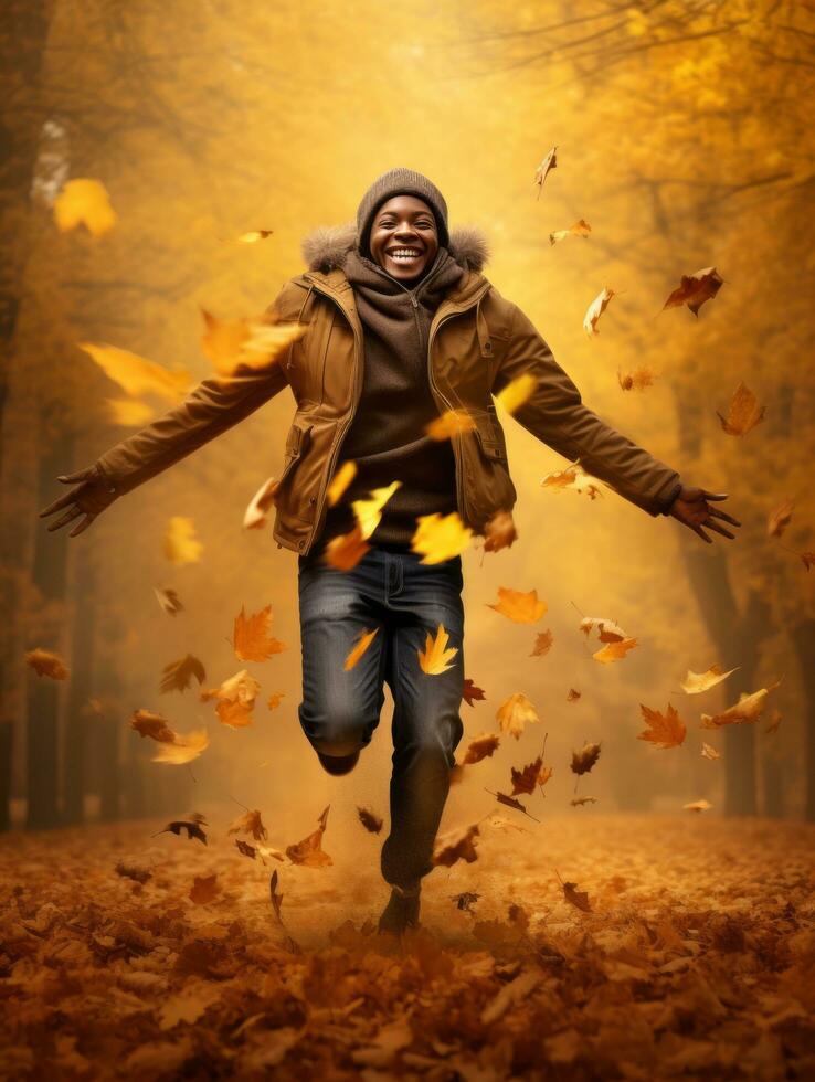 africano uomo nel emotivo dinamico posa su autunno sfondo ai generativo foto