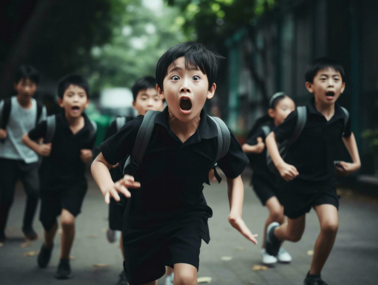 asiatico ragazzo nel emotivo dinamico posa nel scuola ai generativo foto