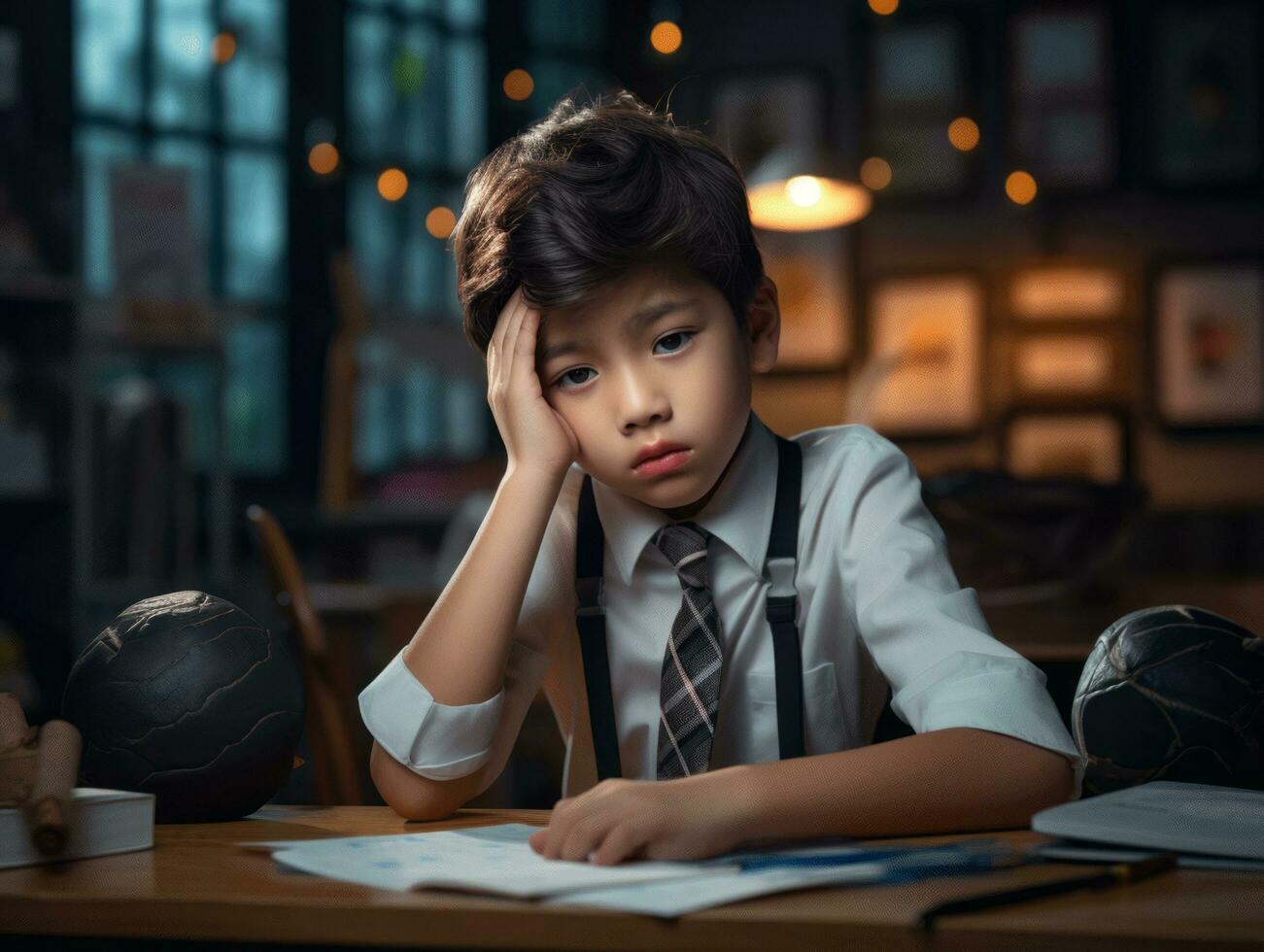 asiatico ragazzo nel emotivo dinamico posa nel scuola ai generativo foto