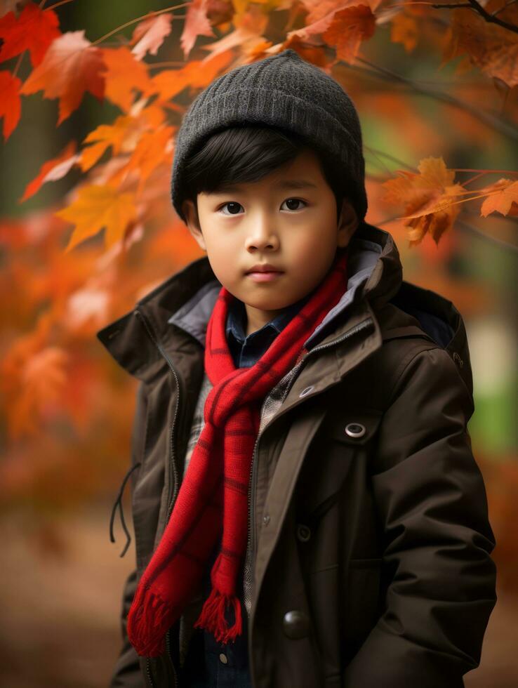 asiatico ragazzo nel emotivo dinamico posa su autunno sfondo ai generativo foto