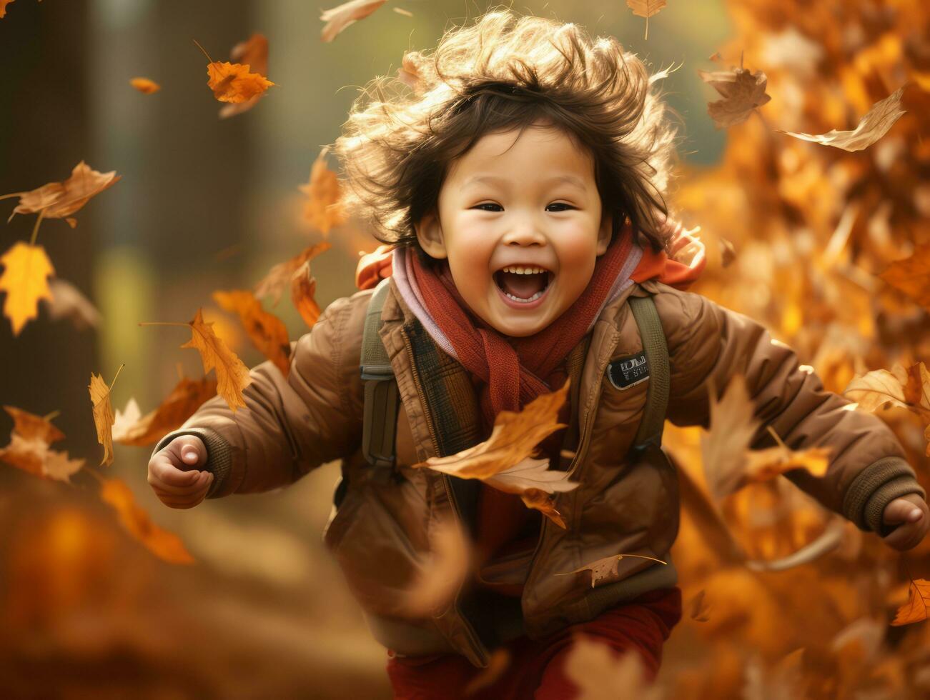 asiatico ragazzo nel emotivo dinamico posa su autunno sfondo ai generativo foto