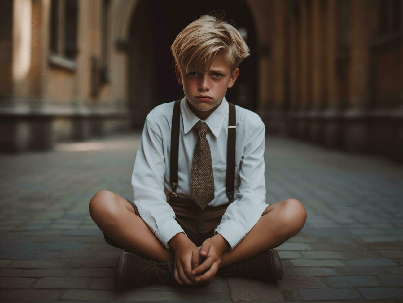 foto di emotivo dinamico posa europeo ragazzo nel scuola ai generativo