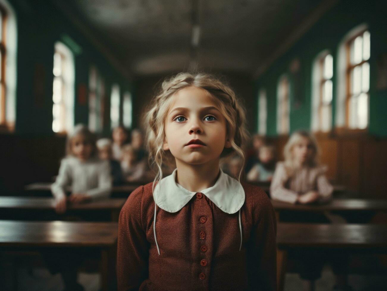 foto di emotivo dinamico posa europeo ragazzo nel scuola ai generativo