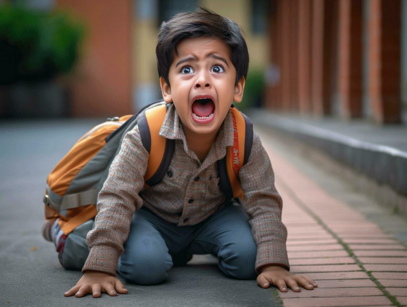 foto di emotivo dinamico posa indiano ragazzo nel scuola ai generativo