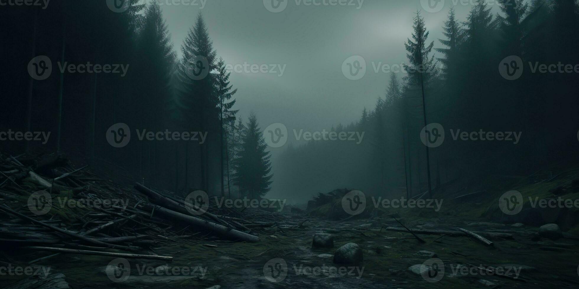 ai generato. ai generativo. nebbia Magia nebbia notte buio foresta albero giungla paesaggio sfondo. pauroso natura all'aperto avventura Esplorare viaggio vibrazione stile. grafico arte foto