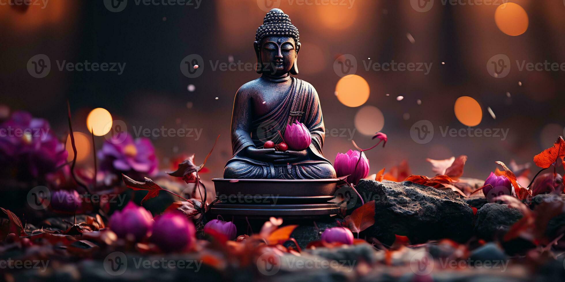 ai generato. ai generativo. cultura storia asiatico indiano religione Budda statua figura con natura rosa impianti sfondo. calma rilassare amore pace interno vibrazione. grafico arte foto