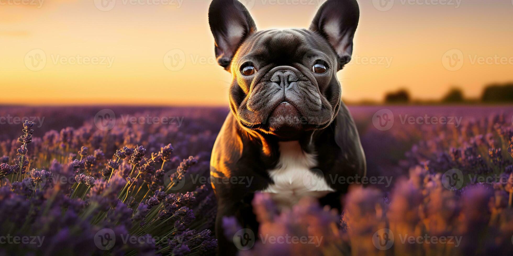 ai generato. ai generativo. Frenchie francese bulldog cane carino viso ritratto a lavanda campo campagna all'aperto natura. grafico arte foto