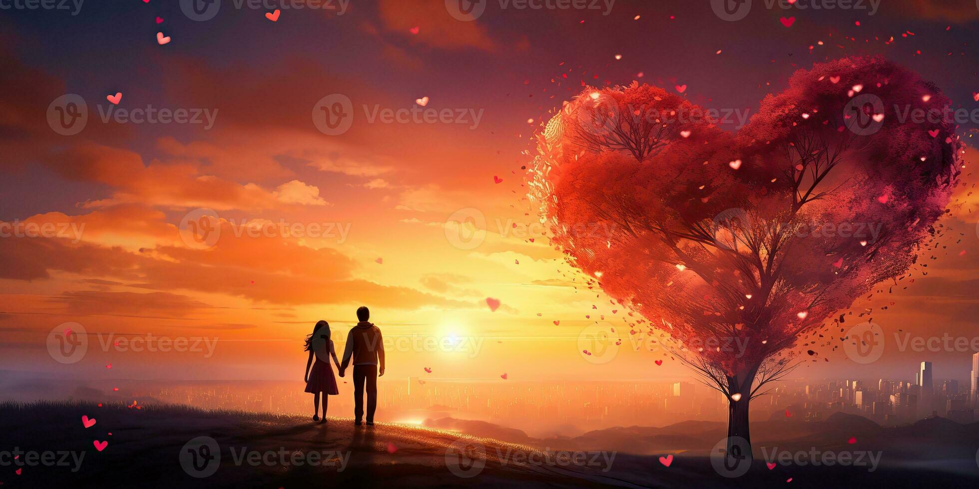 ai generato. ai generativo. bello romantico amore coppia insieme con cuore forma sfondo paesaggio vacanza. nozze relazione vibrazione. grafico arte foto