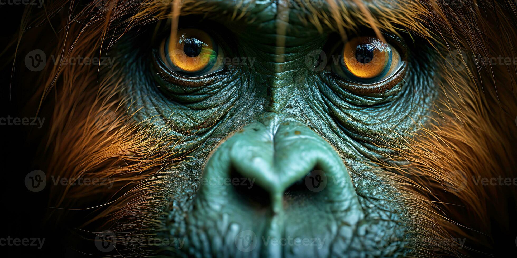 ai generato. ai generativo. orangutan scimmia viso ritratto occhi Guardando su voi. mammifero animale sfondo Visualizza. grafico arte foto