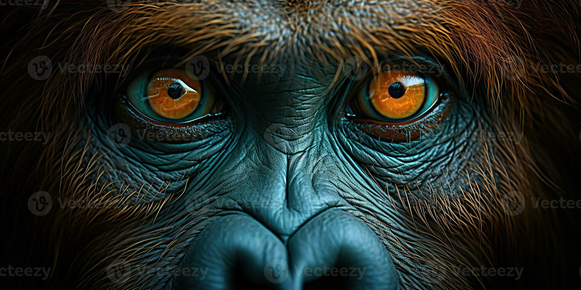 ai generato. ai generativo. orangutan scimmia viso ritratto occhi Guardando su voi. mammifero animale sfondo Visualizza. grafico arte foto