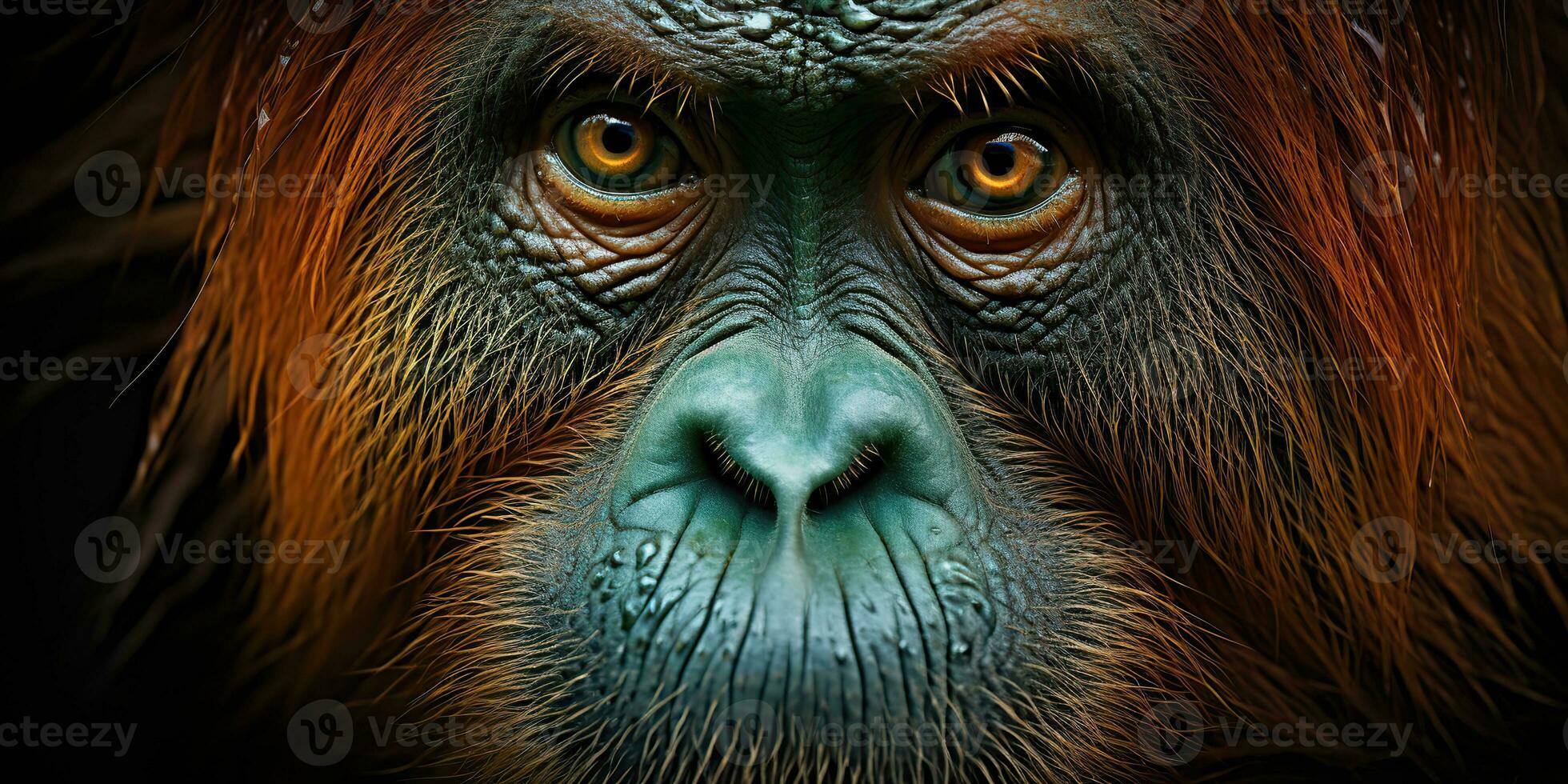 ai generato. ai generativo. orangutan scimmia viso ritratto occhi Guardando su voi. mammifero animale sfondo Visualizza. grafico arte foto