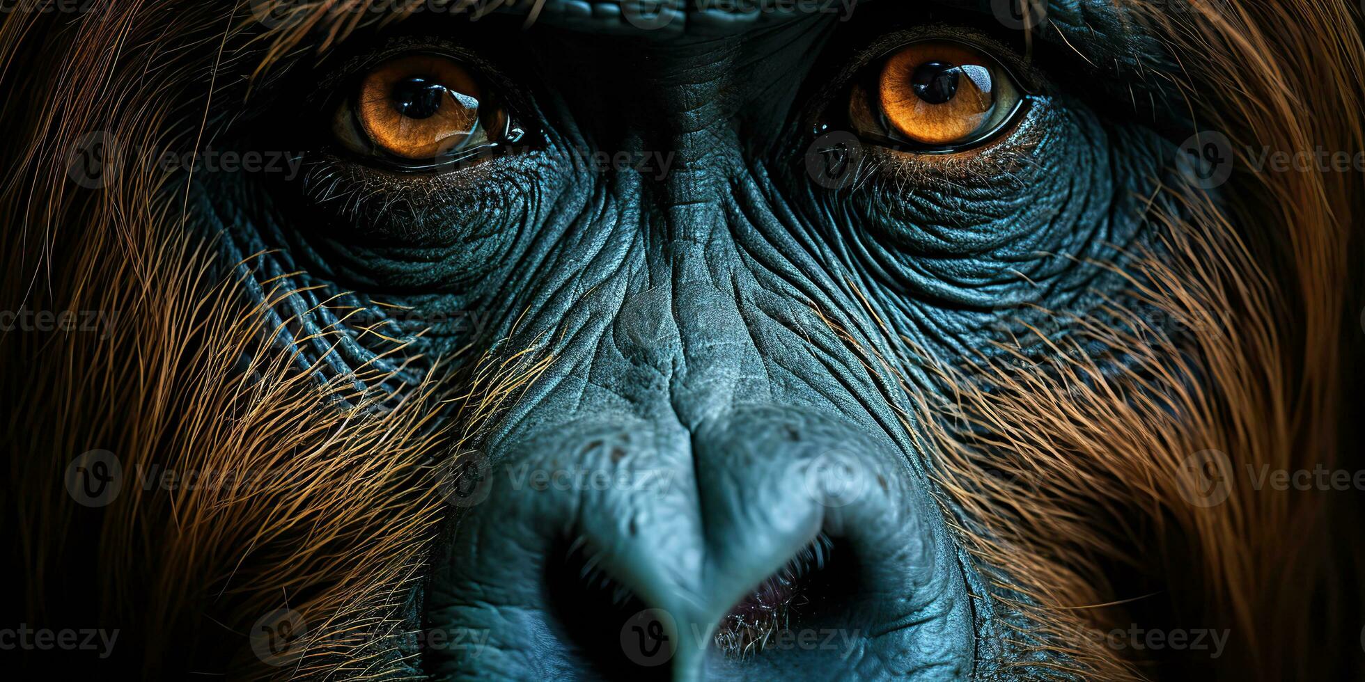 ai generato. ai generativo. orangutan scimmia viso ritratto occhi Guardando su voi. mammifero animale sfondo Visualizza. grafico arte foto