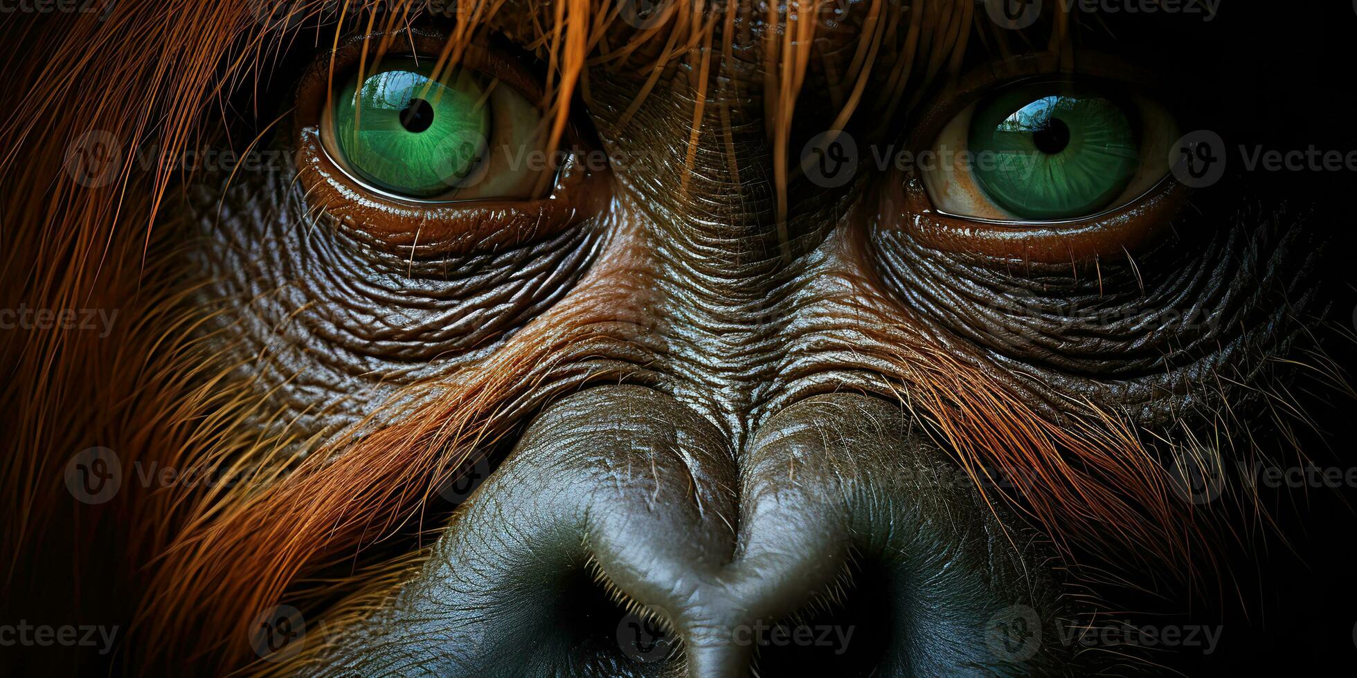 ai generato. ai generativo. orangutan scimmia viso ritratto occhi Guardando su voi. mammifero animale sfondo Visualizza. grafico arte foto