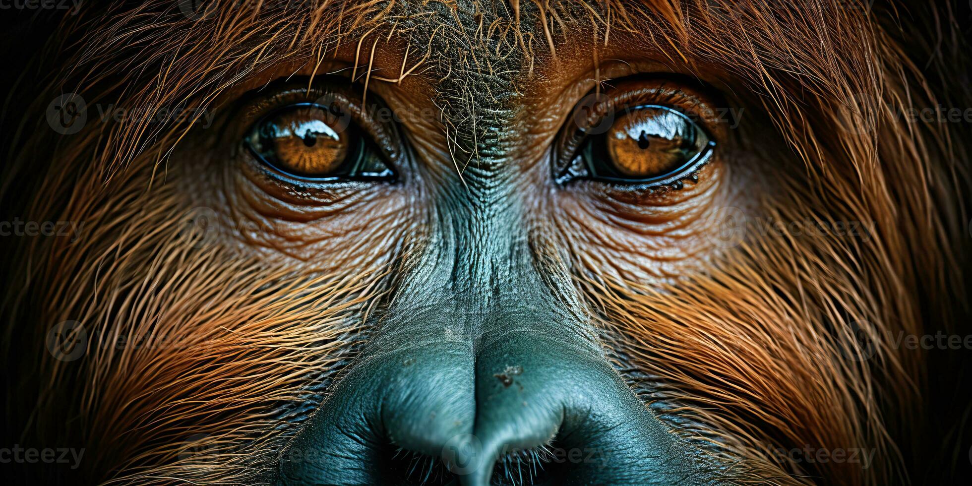 ai generato. ai generativo. orangutan scimmia viso ritratto occhi Guardando su voi. mammifero animale sfondo Visualizza. grafico arte foto