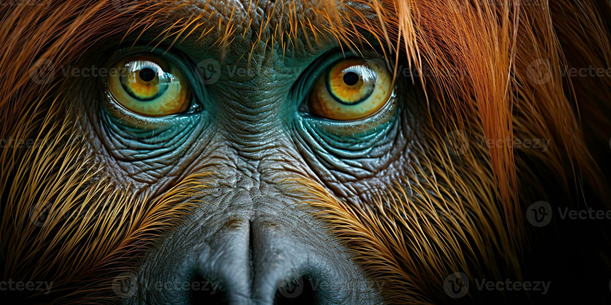 ai generato. ai generativo. orangutan scimmia viso ritratto occhi Guardando su voi. mammifero animale sfondo Visualizza. grafico arte foto