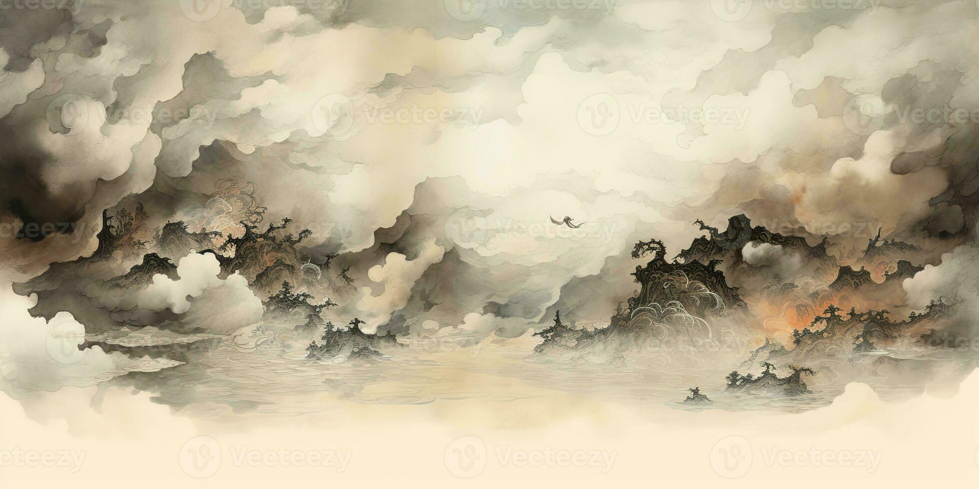 ai generato. ai generativo. antico Cinese tempio montagna nebbia nebbia paesaggio. vacanza avventura all'aperto asiatico tradizionale disegno pittura arte. grafico arte foto