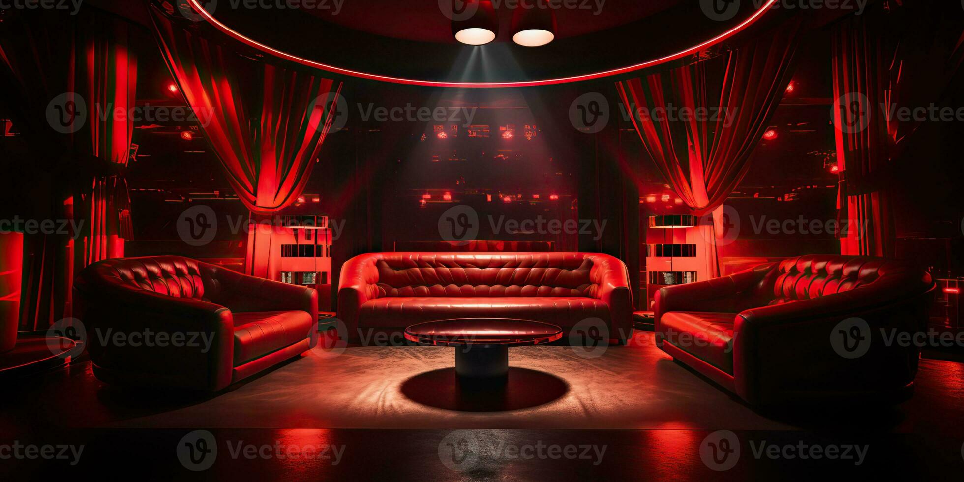 ai generato. ai generativo. vip privato camera a discoteca interno design. rosso buio notte vita stile festa con rosso divano posti a sedere. grafico arte foto