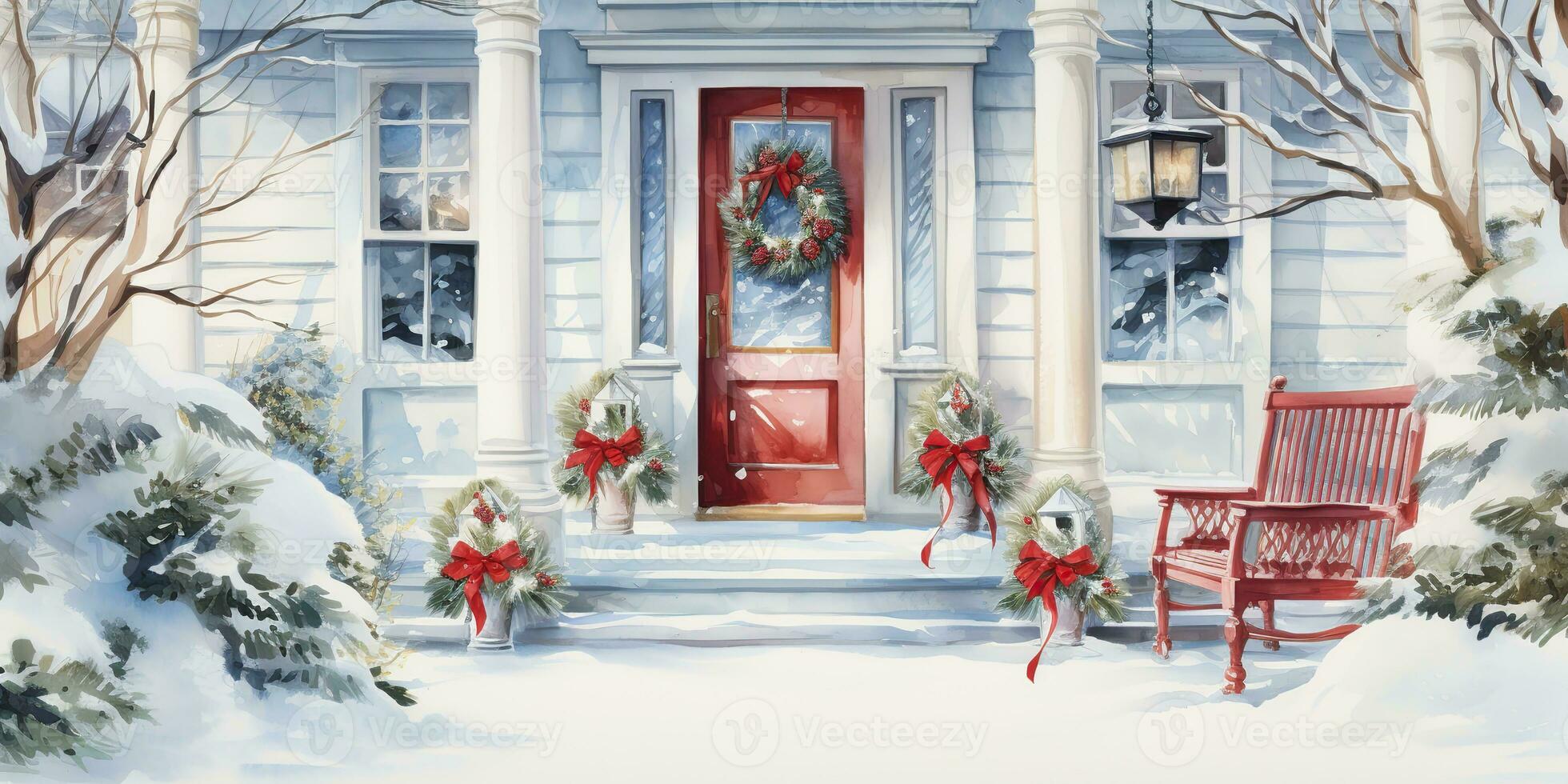 ai generato. ai generativo. natale allegro Natale nuovo anno decorazione arredamento sfondo di Casa casa davanti porta veranda con ghirlanda e vacanza arredamento. inverno famiglia celebrazione vibrazione. grafico arte foto