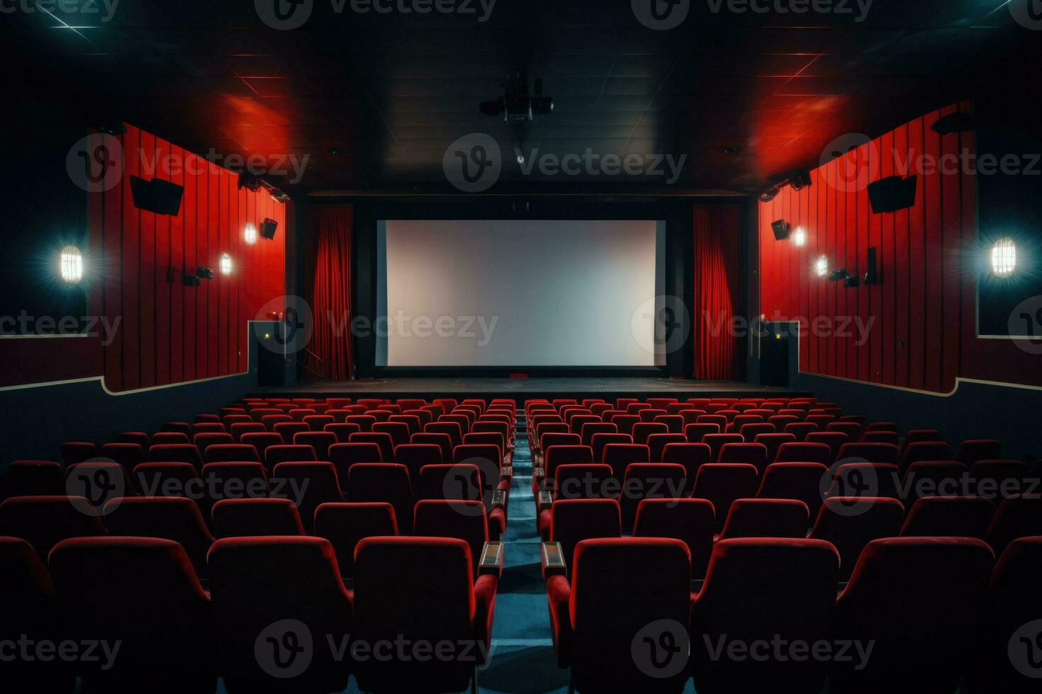 vuoto moderno film Teatro interno con schermo e sedili. generativo ai foto