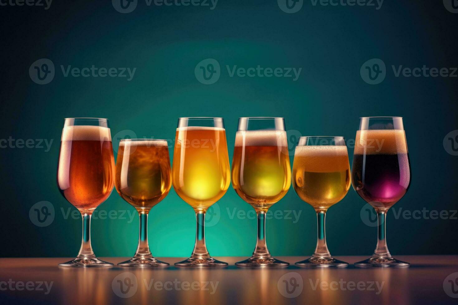 bicchieri con diverso ordina di birra. rubinetto birra nel pinta bicchieri disposte nel un' riga. generativo ai foto