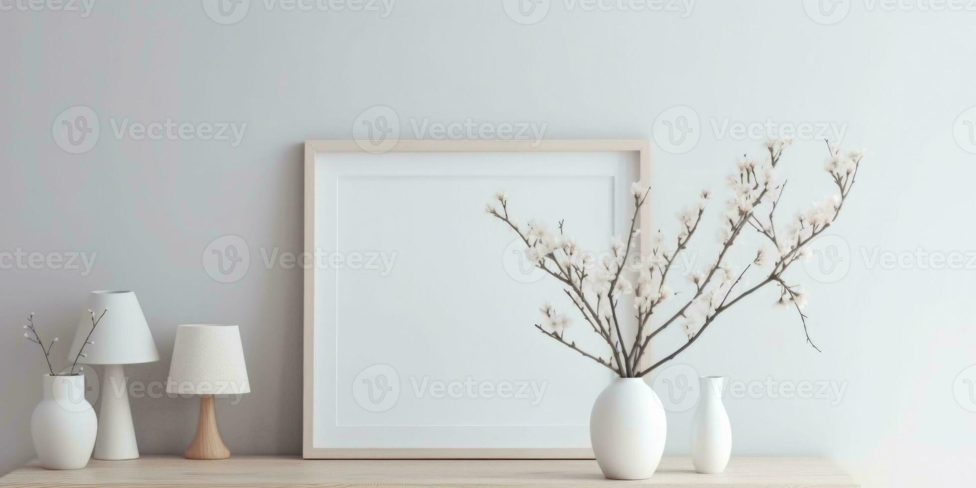 orizzontale bianca telaio modello su tavolo con vaso e impianti. scandinavo interno. generativo ai foto