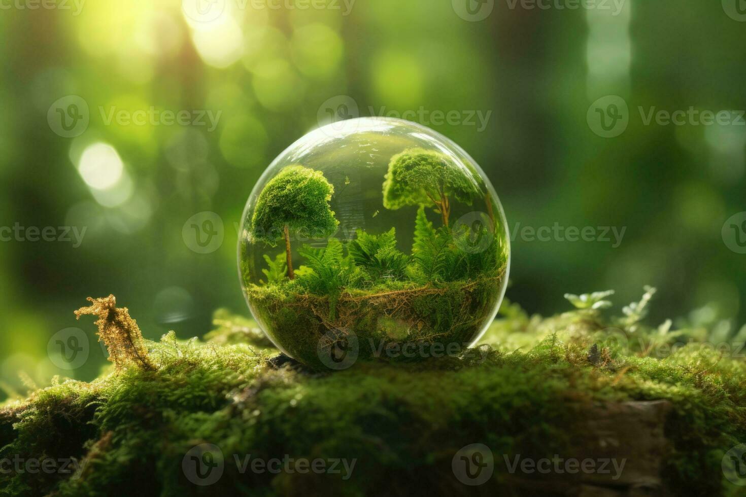 cristallo palla con impianti su muschio nel foresta ambientale. terra giorno concetto. generativo ai foto