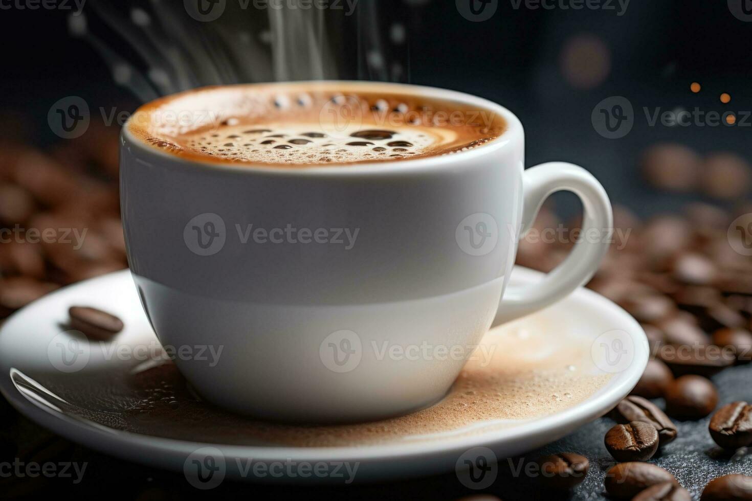 tazza di caffè con caffè fagioli su sfondo. latte macchiato o cappuccino preparato con latte. generativo ai foto