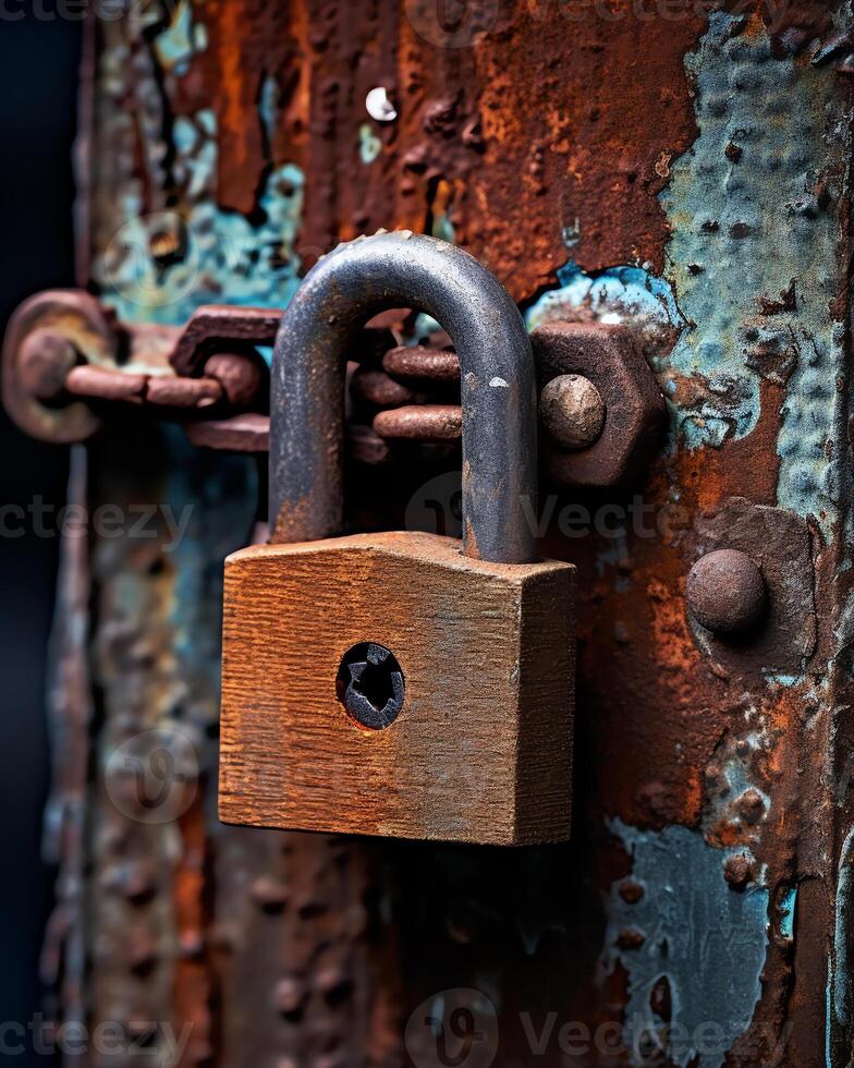 ai generativo serratura su un vecchio arrugginito ferro porta foto