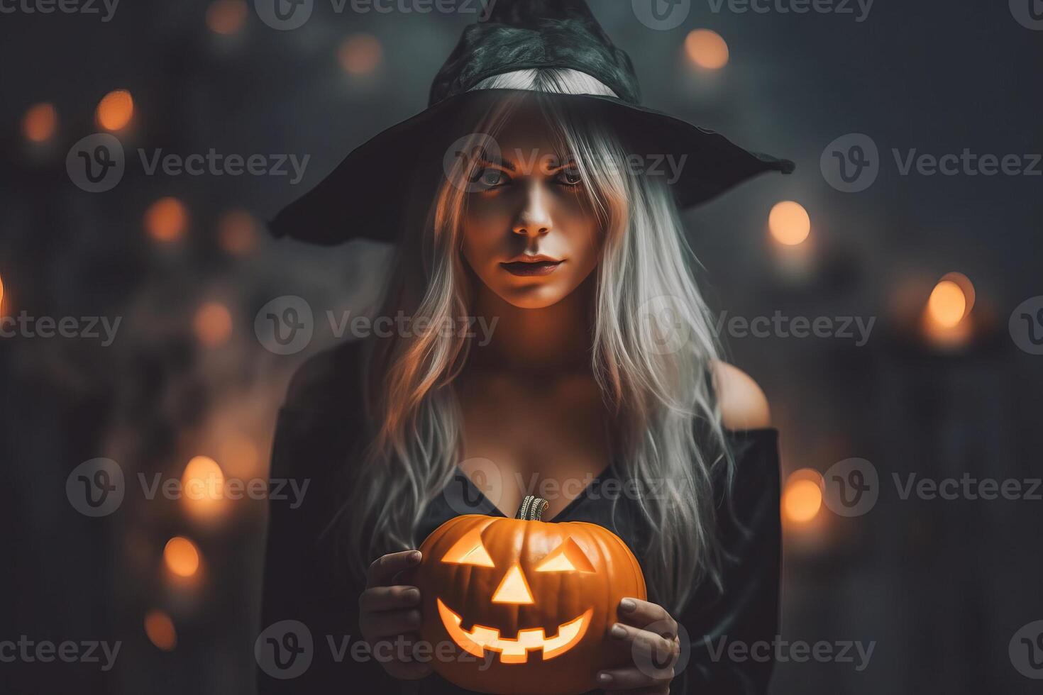 bellissimo donna indossare Halloween costume con zucca fatto con generativo ai foto