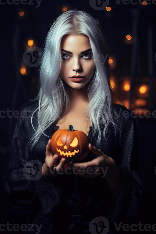 bellissimo donna indossare Halloween costume con zucca fatto con generativo ai foto