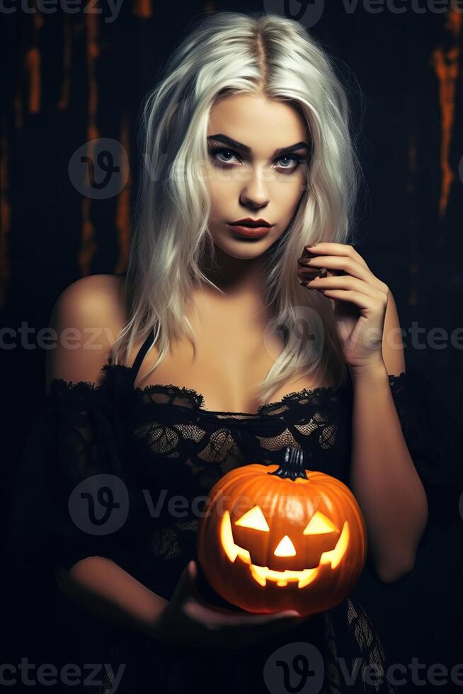 bellissimo donna indossare Halloween costume con zucca fatto con generativo ai foto