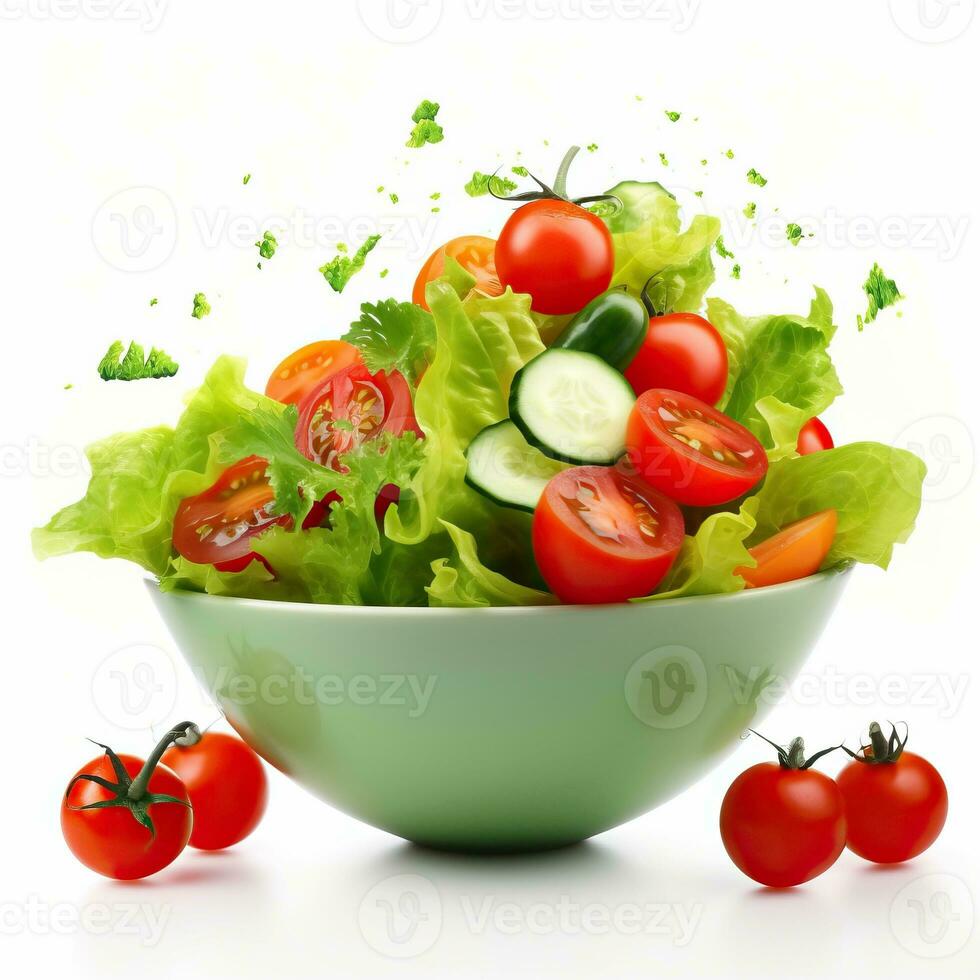 fresco verdura insalata nel verde ciotola e pomodori isolato su bianca fatto con generativo ai foto