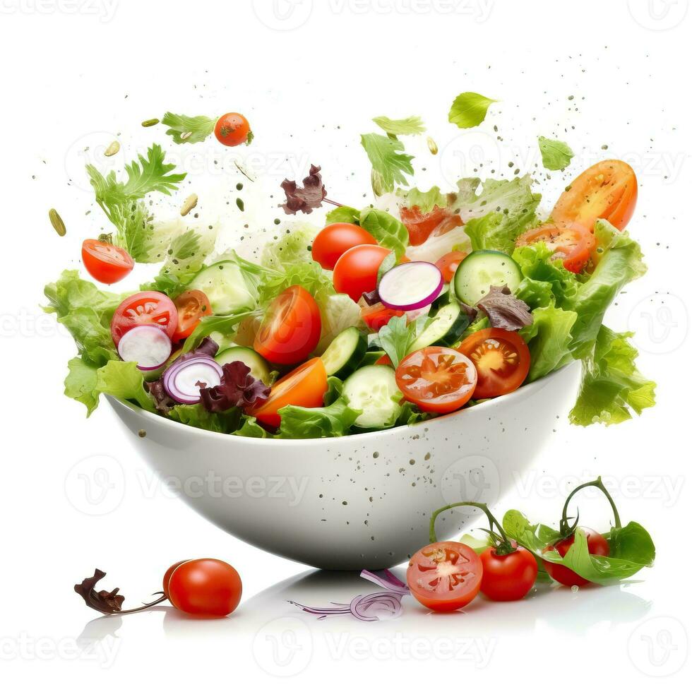 fresco verdura insalata nel verde ciotola e pomodori isolato su bianca fatto con generativo ai foto
