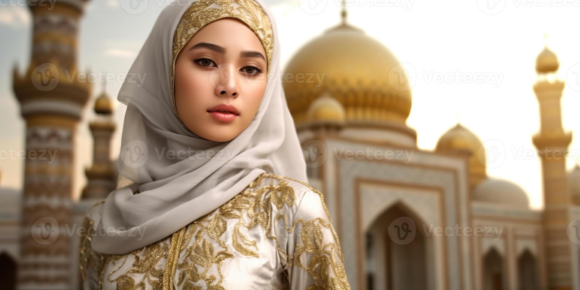 ritratto bellissimo donna indossare hijab con leggero esposizione fatto con generativo ai foto