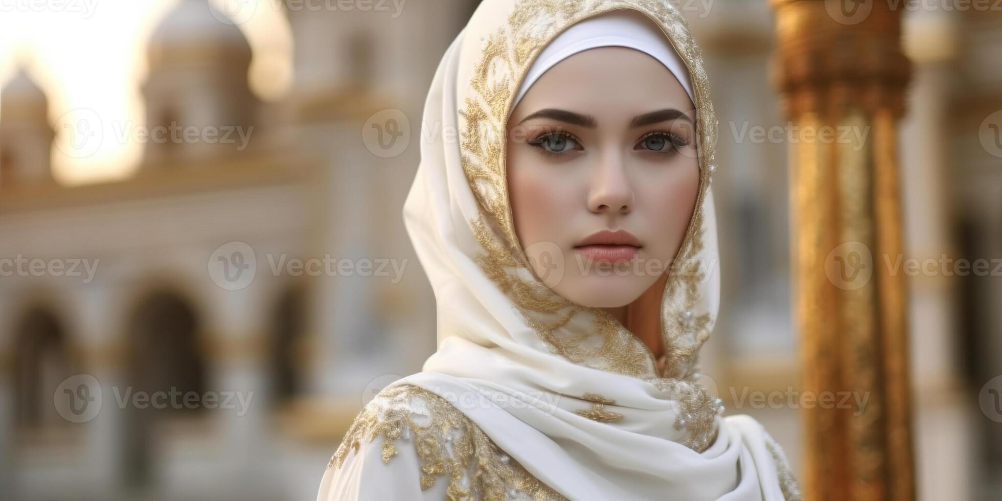 ritratto bellissimo donna indossare hijab con leggero esposizione fatto con generativo ai foto