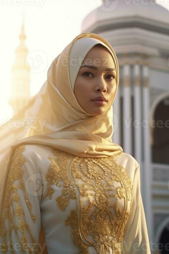 ritratto bellissimo donna indossare hijab con leggero esposizione fatto con generativo ai foto