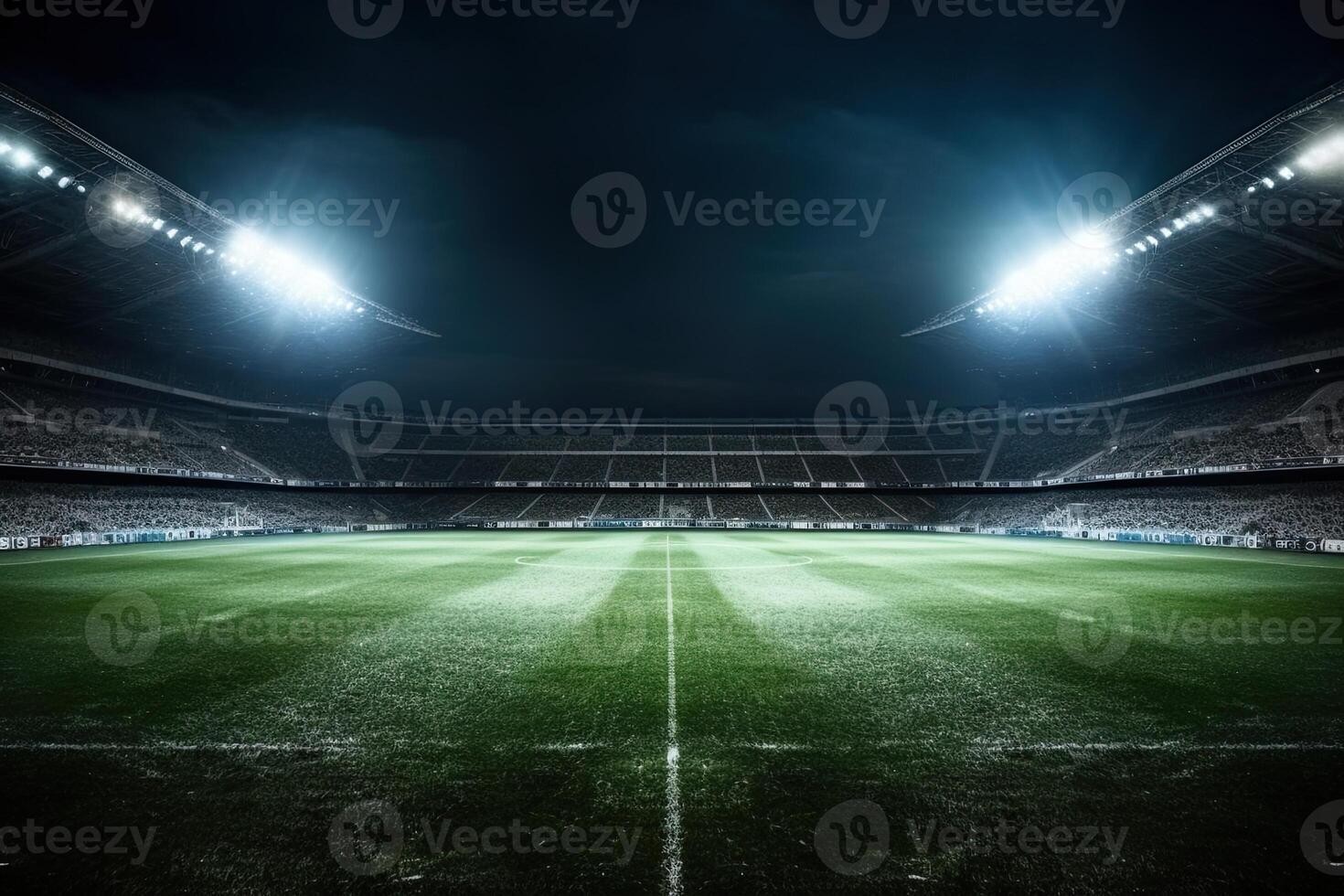 un' tiro di un' calcio stadio con luci fatto con generativo ai foto