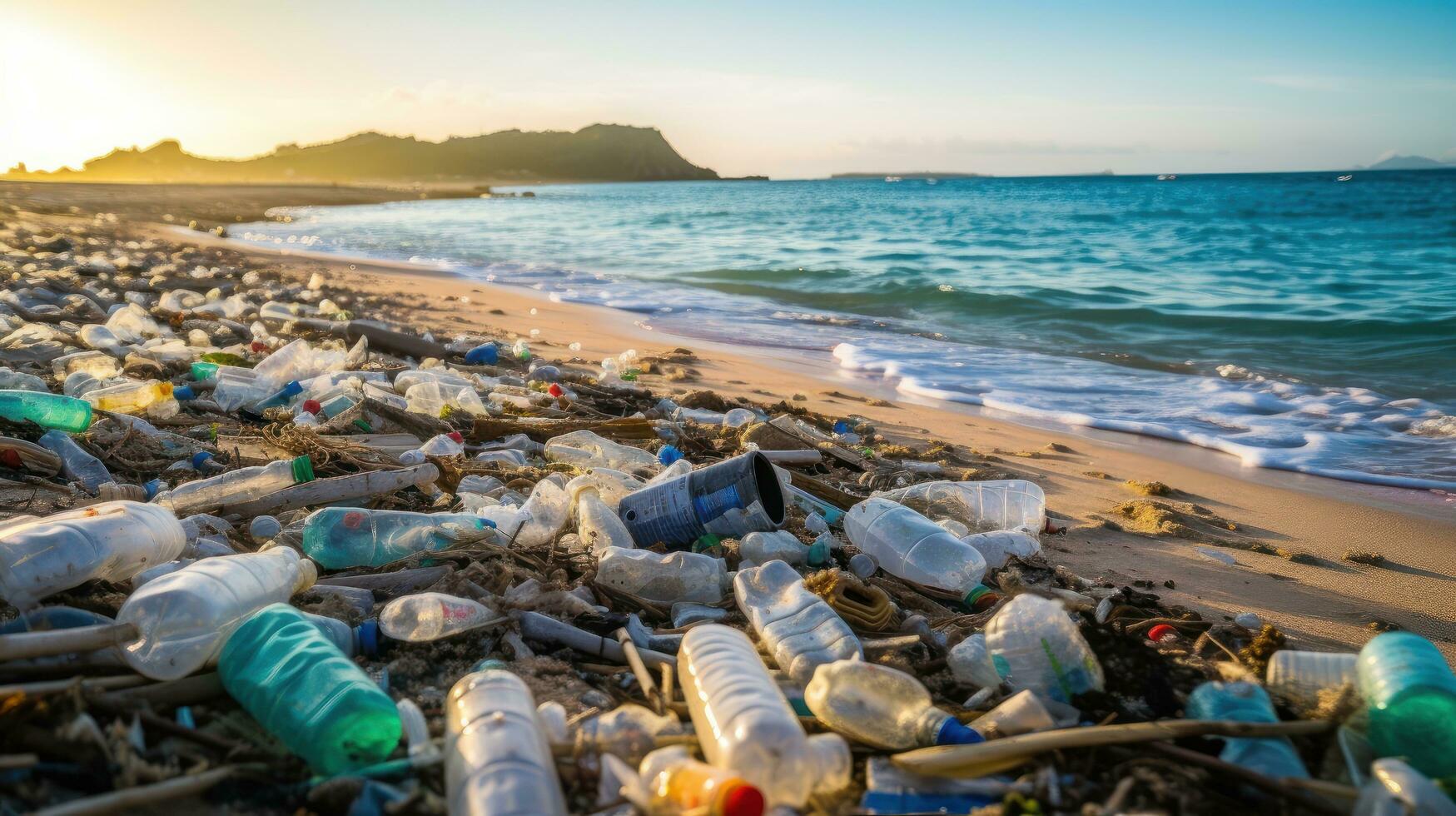 fermare oceano plastica inquinamento concetto, ambientale problema plastica e microplastica su il acqua. generativo ai foto