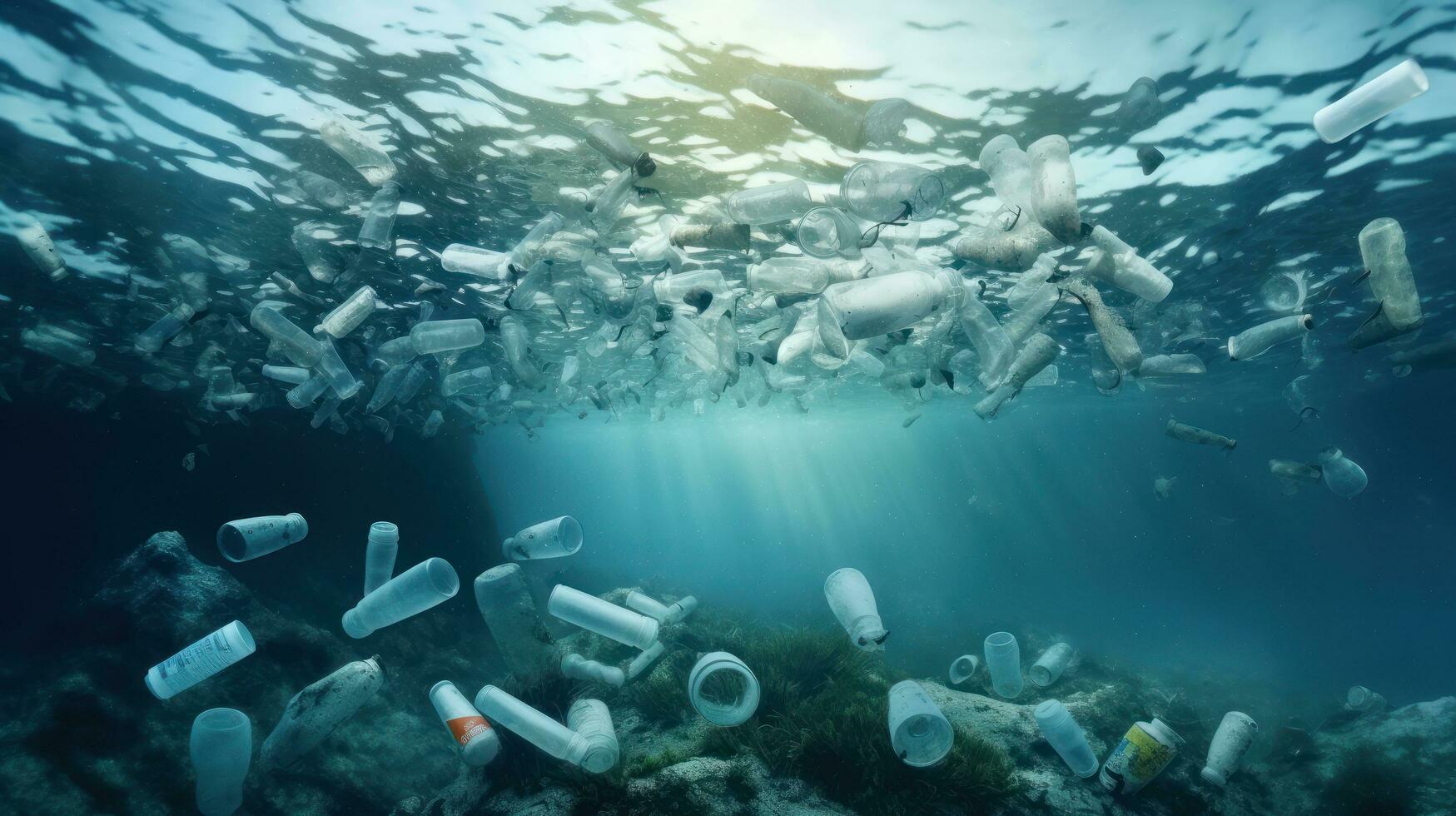 fermare oceano plastica inquinamento concetto, ambientale problema plastica e microplastica su il acqua. generativo ai foto