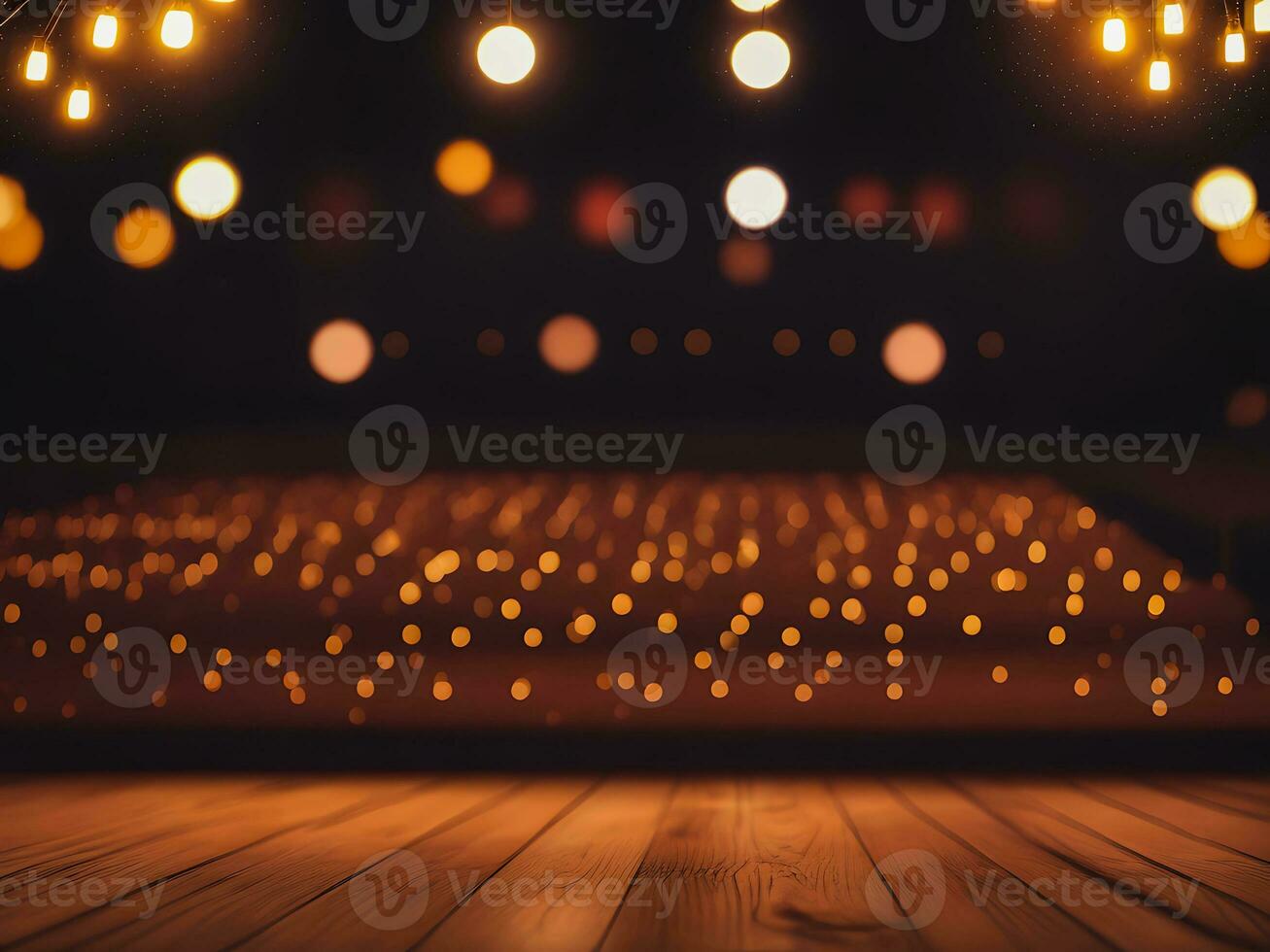 un vuoto di legno pavimento con bokeh luci su palcoscenico sfondo. generativo ai foto