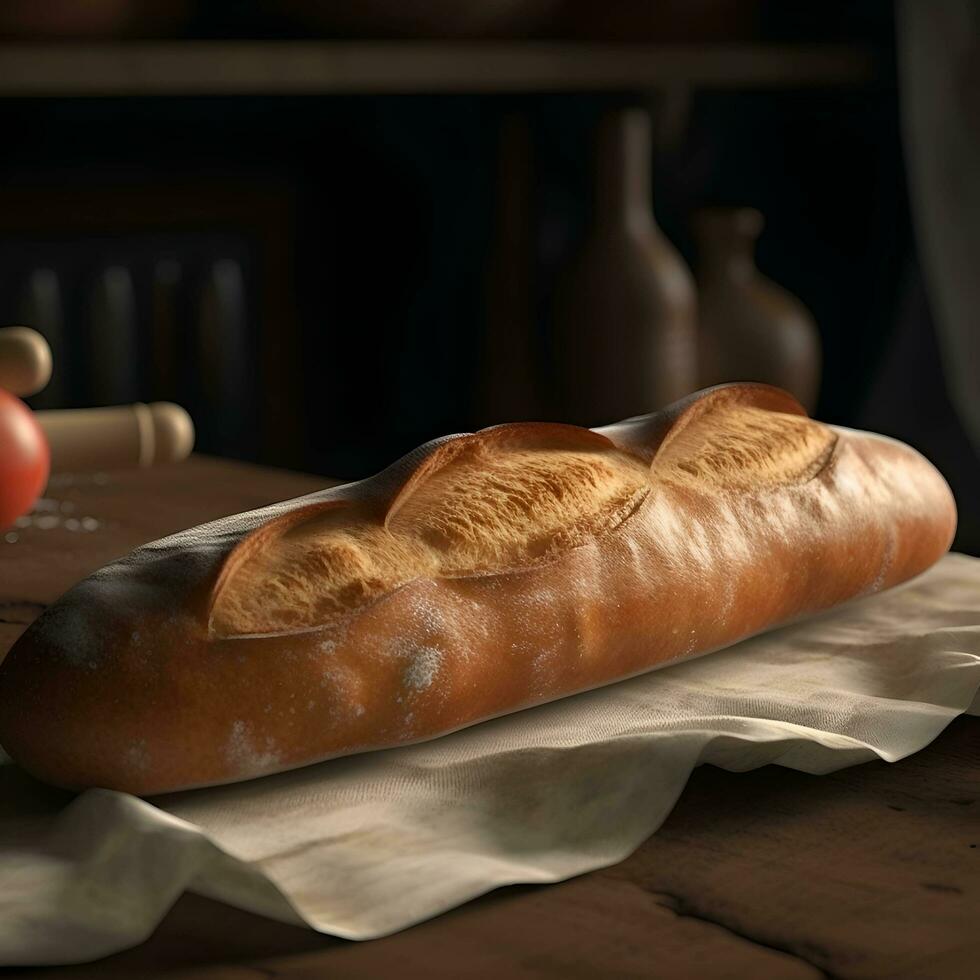 francese baguette su un' di legno tavolo nel un' rustico cucina foto