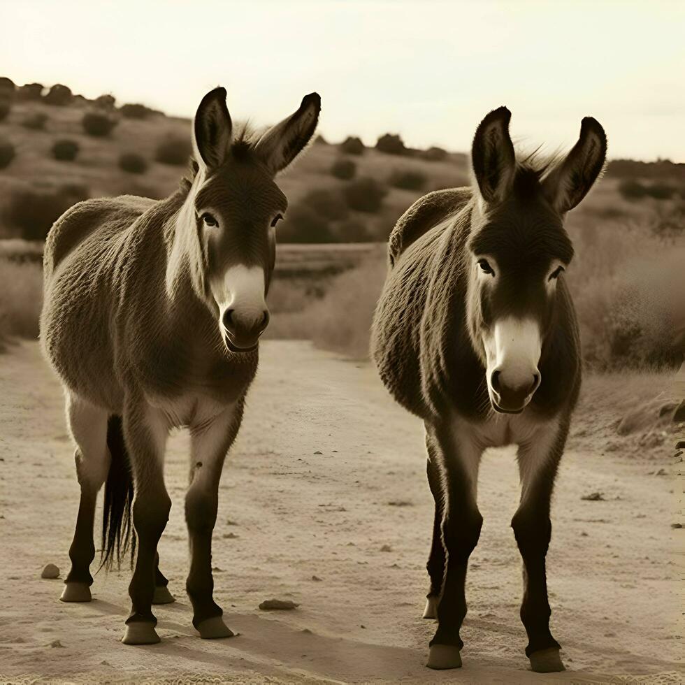 Due asini a piedi nel il deserto. monocromatico Immagine. foto