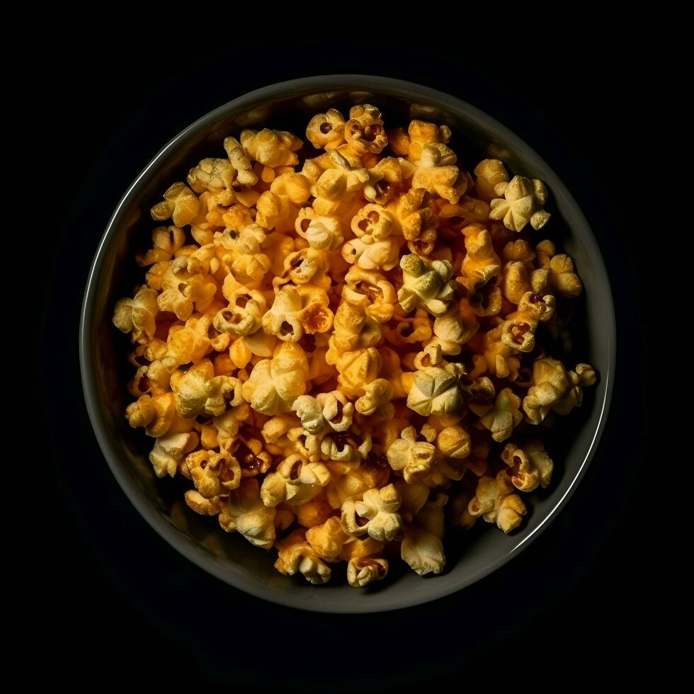 Popcorn nel un' ciotola su un' nero sfondo. superiore Visualizza. foto