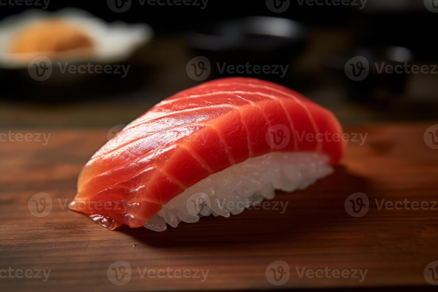 Sushi con tonno su il piatto, giapponese cibo. ai generato. foto