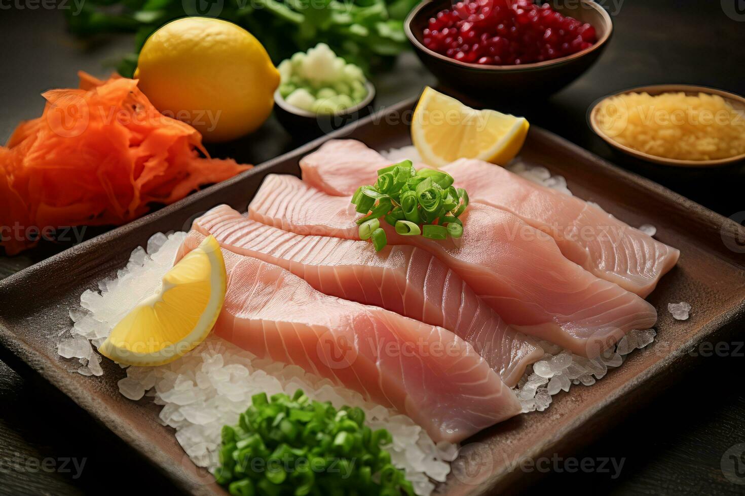 avvicinamento superiore Visualizza di ingredienti sashimi impostare, salmone, tonno, giapponese cibo. ai generato. foto