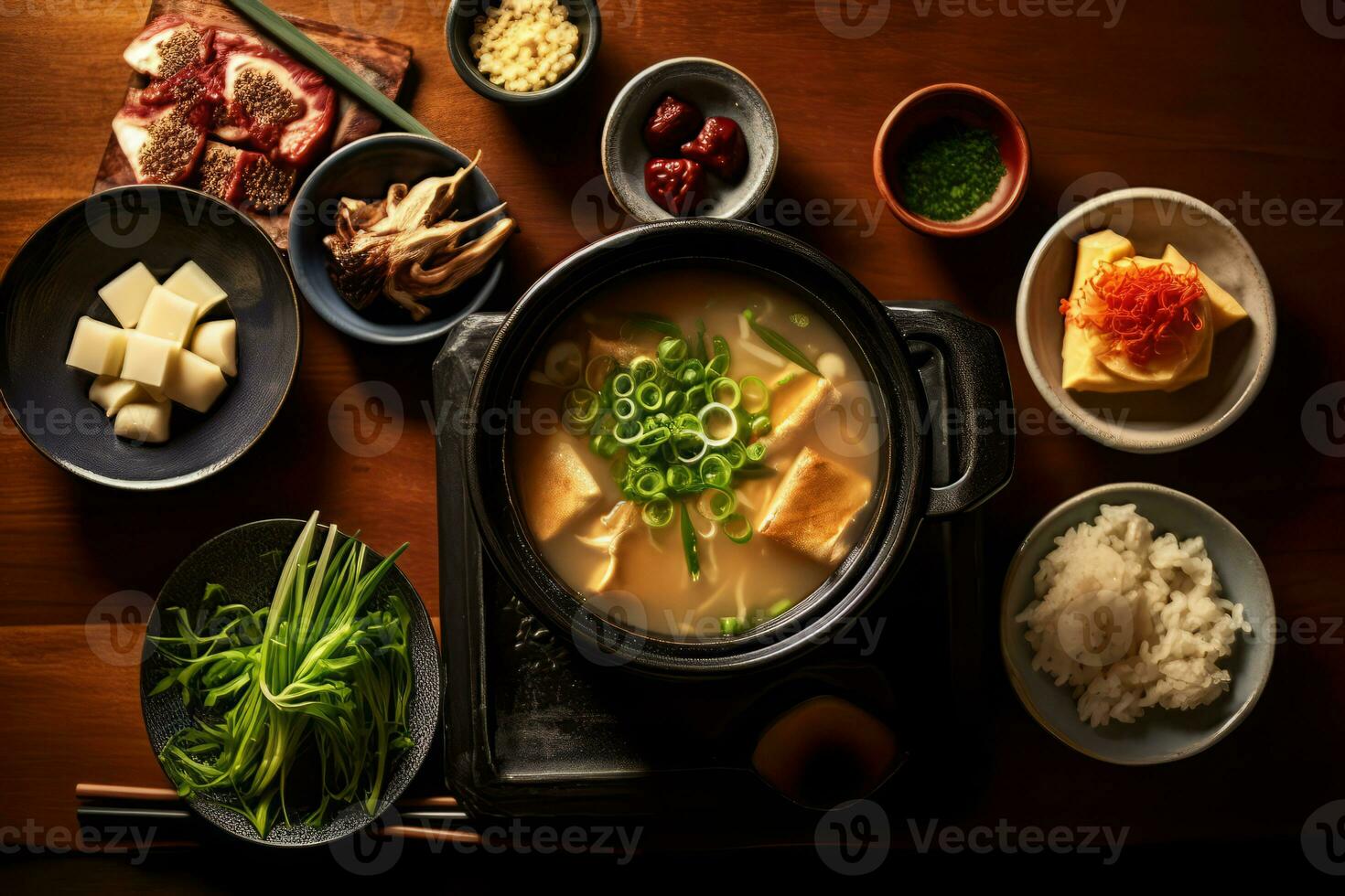 avvicinamento superiore Visualizza di ingredienti miso la minestra, giapponese cibo. ai generato. foto